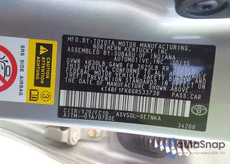 2016 Toyota Camry Le z USA, uszkodzony, nr VIN 4T4BF1FK6GR533738